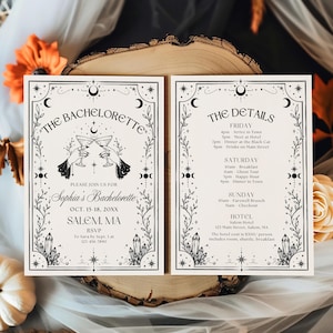 Op de afbeelding: Twee rechthoekige, crèmekleurige uitnodigingskaarten met zwarte tekst en illustraties. De linkerkaart vermeldt The Bachelorette, Sophia's Bachelorette, Oct. 15-18, 20XX, Salem, MA. De rechterkaart bevat The Details voor vrijdag tot en met zondag.