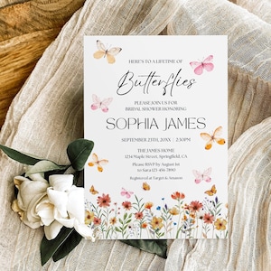 Lifetime of Butterflies Brautparty-Einladungsvorlage, Schmetterlings-Brautparty-Einladung, Schmetterlings-Wildblumen-Hochzeitsparty-Dekor zum Ausdrucken