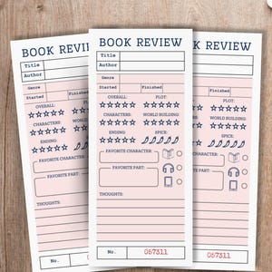 Puede incluir: Tres hojas rosas de reseñas de libros con secciones para el título, el autor y las calificaciones. Las hojas tienen un fondo rosa claro con texto e iconos azul oscuro. Una taza de café está a la derecha.