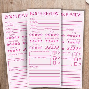 Könnte beinhalten: Drei rosa Buchbesprechungsbögen mit den Worten "BOOK REVIEW" oben. Jedes Blatt hat Abschnitte für Titel, Autor, Genre und Bewertungen. Rechts steht eine Tasse Kaffee auf einer Untertasse.