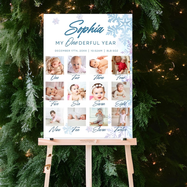 First Birthday Photo Sign Template, Winter Wonderland 1st Birthday Picture Poster, Snowflake 12 Month Milestone Photo Collage Printable