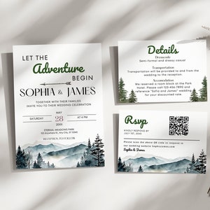 National Park Wedding Invitation Suite Template, Mountain Wedding Invite Set, Woodland Forest Wedding Invite Bundle Details RSVP Printable
