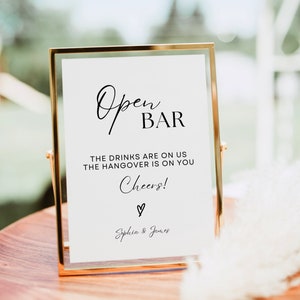 Open Bar Sign, The Drinks Are On Us The Hangover Is On You Sign Template, Modern Minimalist Wedding Bar Menu, Editable Wedding Bar Sign