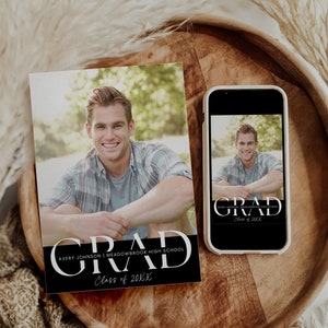 Graduation Invitation 2025 Template, Senior Graduate Announcement, Black Modern Photo Graduation Party Invite, Boys Graduation Card Editable