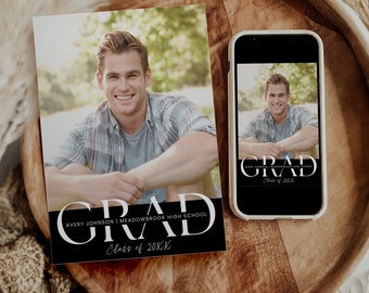 Graduation Invitation 2025 Template, Senior Graduate Announcement, Black Modern Photo Graduation Party Invite, Boys Graduation Card Editable