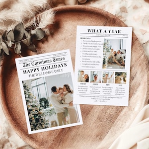 Tarjeta navideña con resumen del año, plantilla de tarjeta navideña con foto de periódico, tarjeta navideña con foto familiar imprimible, boletín navideño editable