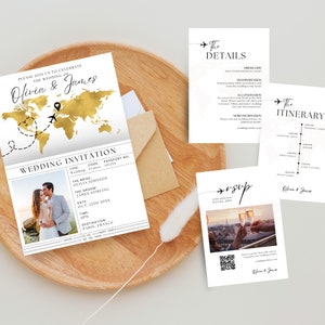 May include: Wedding invitation featuring a gold foil world map, a photograph of a couple, and the text "Olivia & James". The invitation also includes details about the wedding, such as the date, time, and location.