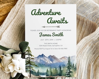 Retirement Party Invitation Template, Adventure Awaits Retirement Announcement, Modern Retirement Invite, Travel Retirement Card Editable