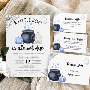 A little Boo is Almost Due Baby Shower Bundle Invitation Template, Halloween Baby Shower Invite Ghost Cauldron Diaper Raffle, Books for Baby