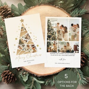 Tarjeta de Navidad minimalista moderna, plantilla de tarjeta navideña con foto boho, tarjeta de Navidad imprimible, tarjeta de Navidad con collage de imágenes de árbol editable