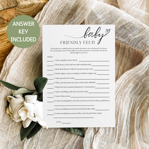 Jeu de querelle amicale pour baby shower, querelle de famille pour baby shower, jeu imprimable de fête pour bébé, modèle modifiable de baby shower minimaliste neutre en matière de genre