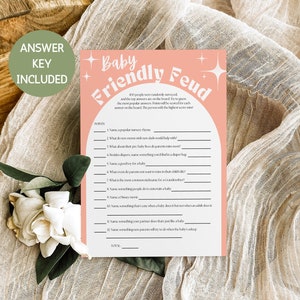 Baby Shower Friendly Feud Game, Baby Shower Family Feud Party Trivia Printable, Boho Retro Arch Gender Neutral Baby Shower Editable Template
