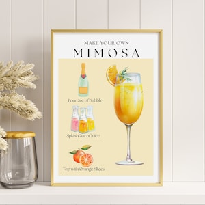 Znak Mimosa Bar, Nowoczesny nadruk koktajlowy Mimosa, Znak Mimosa, Szablon menu baru na brunch, Plakat Mimosa, Bar z bąbelkami, Dekoracja wózka barowego w stylu retro