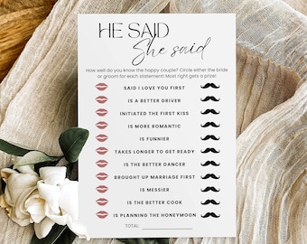 He Said She Said Game Template, Minimalist Bridal Shower Game, Guess Who Said It Game, He Said She Said Card Wedding Game Editable Printable