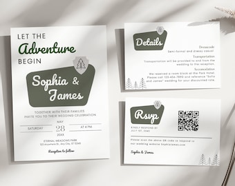 National Park Wedding Invitation Suite Template, Mountain Wedding Invite Set, Minimalist Forest Wedding Invite Bundle Details RSVP Printable