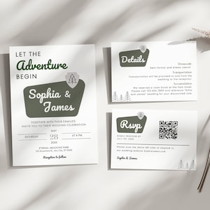 National Park Wedding Invitation Suite Template, Mountain Wedding Invite Set, Minimalist Forest Wedding Invite Bundle Details RSVP Printable