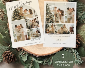 Modern Minimalist Christmas Card, Boho Photo Holiday Card Template, Printable Christmas Card Picture Collage Christmas Card Editable