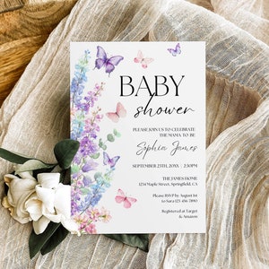 Butterfly Baby Shower Invitation Template, Pink Purple Butterfly Baby Shower Invite, Girl Floral Butterflies Baby Brunch Editable Printable