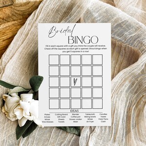 Plantilla minimalista de bingo nupcial, bingo de despedida de soltera moderno, juego de cartas de bingo de regalo de despedida de soltera, juego de ducha de parejas editable imprimible