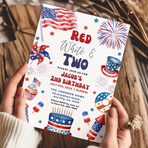 Red White & Two Birthday Party Invitation Template, 2nd Birthday Invite, 4th of July Independence Day Second Birthday Invite Printable