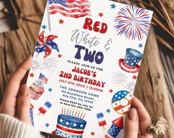 Rood wit & twee verjaardagsfeestje uitnodiging sjabloon, 2e verjaardag uitnodigen, 4 juli Independence Day tweede verjaardag uitnodigen afdrukbare