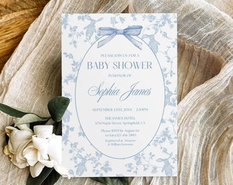 Toile De Jouy Baby Shower Invitation Template, Blue Bow Baby Shower Invite, Vintage Baby Brunch Invite Grandmillennial Editable Printable
