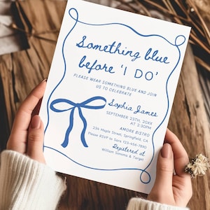 Something Blue Before I Do Bridal Shower Invitation Template, Hand Drawn Bridal Shower Invite, Wavy Blue Bow Bridal Brunch Invite Editable