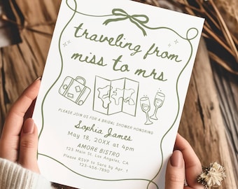 Traveling from Miss to Mrs Bridal Shower Invitation Template, Travel Wedding Shower Invite Hand drawn Bridal Brunch Shower Decor Printable