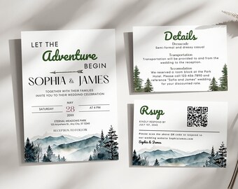 National Park Wedding Invitation Suite Template, Mountain Wedding Invite Set, Woodland Forest Wedding Invite Bundle Details RSVP Printable