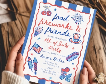4th of July BBQ Party Invitation Template, Fourth of July Barbeque Invite, Drawn Red White Blue Independence Day Fireworks Invite Printable