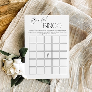 Plantilla minimalista de bingo nupcial, bingo de despedida de soltera moderno, juego de cartas de bingo de regalo de despedida de soltera, juego de ducha de parejas editable imprimible
