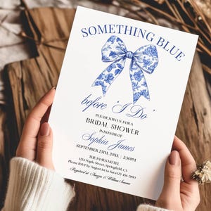Something Blue Before I Do Bridal Shower Invitation Template, Blue Bow Bridal Shower Invite, Vintage Floral Bridal Brunch Invite Editable