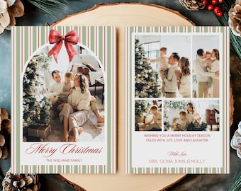 Holiday Photo Card Template, Red Bow Stripe Christmas Card, Printable Family Photo Christmas Card, Year In Review Holiday Card Editable