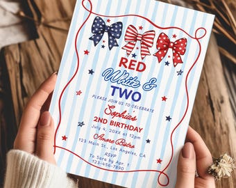 All American 2nd Birthday Party Invitation Template, Red White & Two Birthday Invite, 4th of July Independence Day Second Birthday Invite
