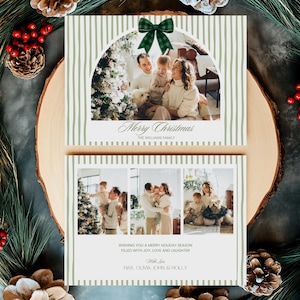 Op de afbeelding: Kerstkaarten met familiefoto's, met een groene geruite strik en de tekst "Merry Christmas" en "Wishing you a merry holiday season filled with joy, love and laughter". De kaarten hebben een groen-witte gestreepte achtergrond.