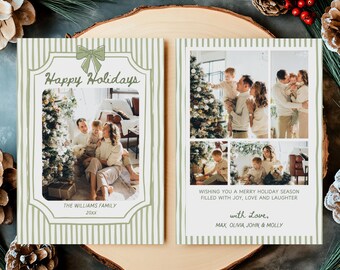 Holiday Photo Card Template, Green Bow Stripe Christmas Card, Printable Family Photo Christmas Card, Year In Review Holiday Card Editable