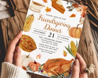 Friendsgiving Dinner Invitation Template, Thanksgiving Party Invite, Fall Holiday Potluck Invitation, Watercolor Turkey Invite Editable