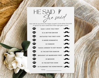 He Said She Said Game Template, Minimalist Bridal Shower Game, Guess Who Said It Game, He Said She Said Card Wedding Game Editable Printable