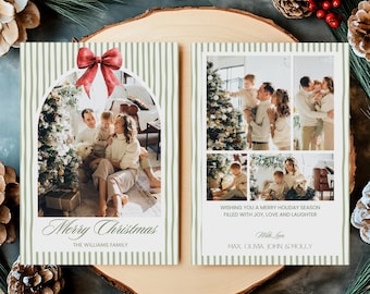 Holiday Photo Card Template, Bow Green Stripe Christmas Card, Printable Family Photo Christmas Card, Year In Review Holiday Card Editable