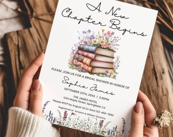 Plantilla de invitación para despedida de soltera A New Chapter, invitación para despedida de soltera con temática de libro de cuentos, invitación editable para brunch nupcial Her Next Chapter