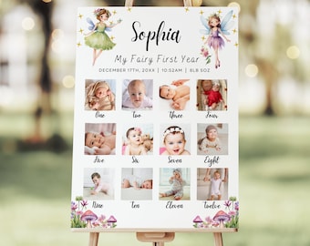 Fairy First Birthday Photo Sign Template, Editable 1st Birthday Picture Poster, Fairy Garden 12 Month Milestone Photo Collage Printable