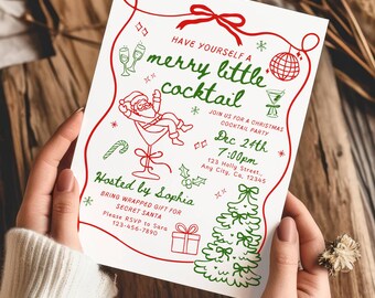 Merry Little Christmas Cocktail Party Invitation Template, Adult Holiday Party Invite, Whimsical hand drawn Christmas Drinks Dinner Party