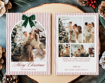 Holiday Photo Card Template, Green Bow Stripe Christmas Card, Printable Family Photo Christmas Card, Year In Review Holiday Card Editable