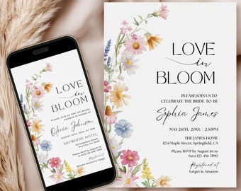Szablon zaproszenia na wieczór panieński Wildflower Love in Bloom, zaproszenie na wieczór panieński z motywem kwiatowym Pastelowe kwiaty wiosenne Zaproszenie na brunch dla panny młodej Edytowalne