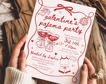 Galentine's Day pyjamafeest uitnodiging sjabloon, Valentijnsdag feest Girls Night In PJ Invite, roze grillige handgetekende Galentines afdrukbare