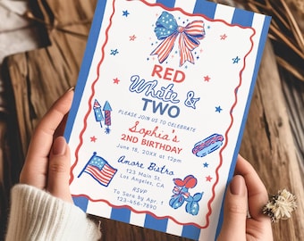 All American 2nd Birthday Party Invitation Template, Red White & Two Birthday Invite, 4th of July Independence Day Second Birthday Invite