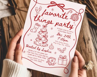 Favorite Things Holiday Party Invitation Template, Christmas Gift Exchange Invite, Pink Whimsical hand drawn Girls Night Christmas Party