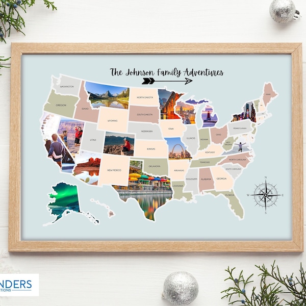 Carte photo des États-Unis, 50 États, liste de seaux avec photo sur Canva, modèle personnalisé de carte de voyage du monde, cadeau d'anniversaire pour lui, cadeau de Noël