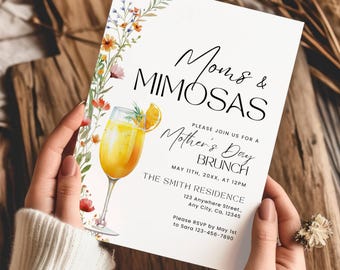 Moms and Mimosas Mother's Day Brunch Invitation Template, Wildflower Mothers Day Party Invite, Floral Mother's Day Breakfast Invite Editable