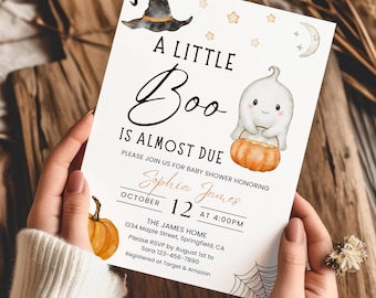 A little Boo is Almost Due Baby Shower Invitation Template, Halloween Baby Shower Invite, Cute Ghost Pumpkin Baby Brunch Invite Editable